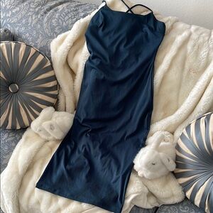 Dark Teal Sheath Midi Dress Spaghetti Strap Cocktail